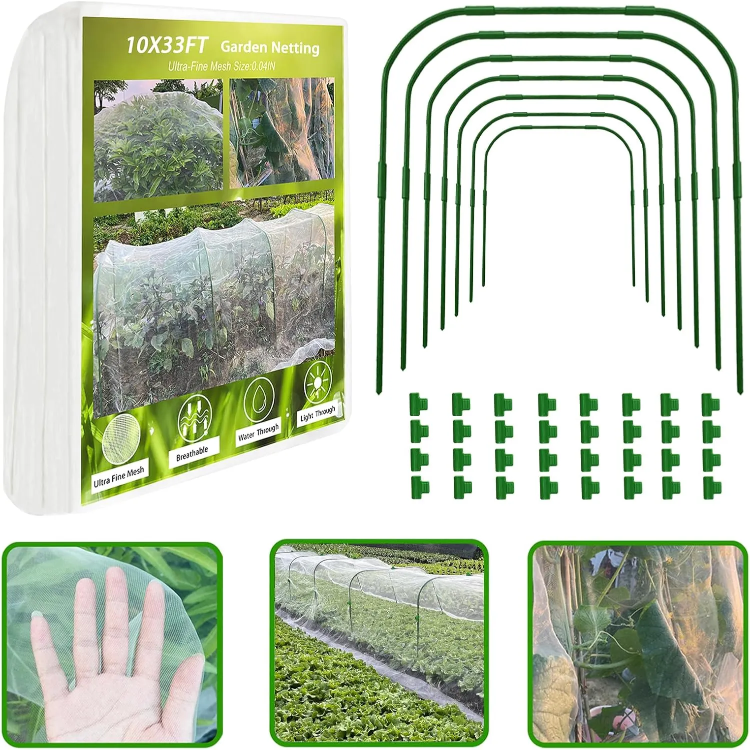 Garden Netting Kit, 8PCS Garden Hoops and 10x33FT Garden Mesh for Raised Beds, Ultra Fine Plant Net for Vegetable Fruits Crops Row Cover Barrier Protection Net for Animals