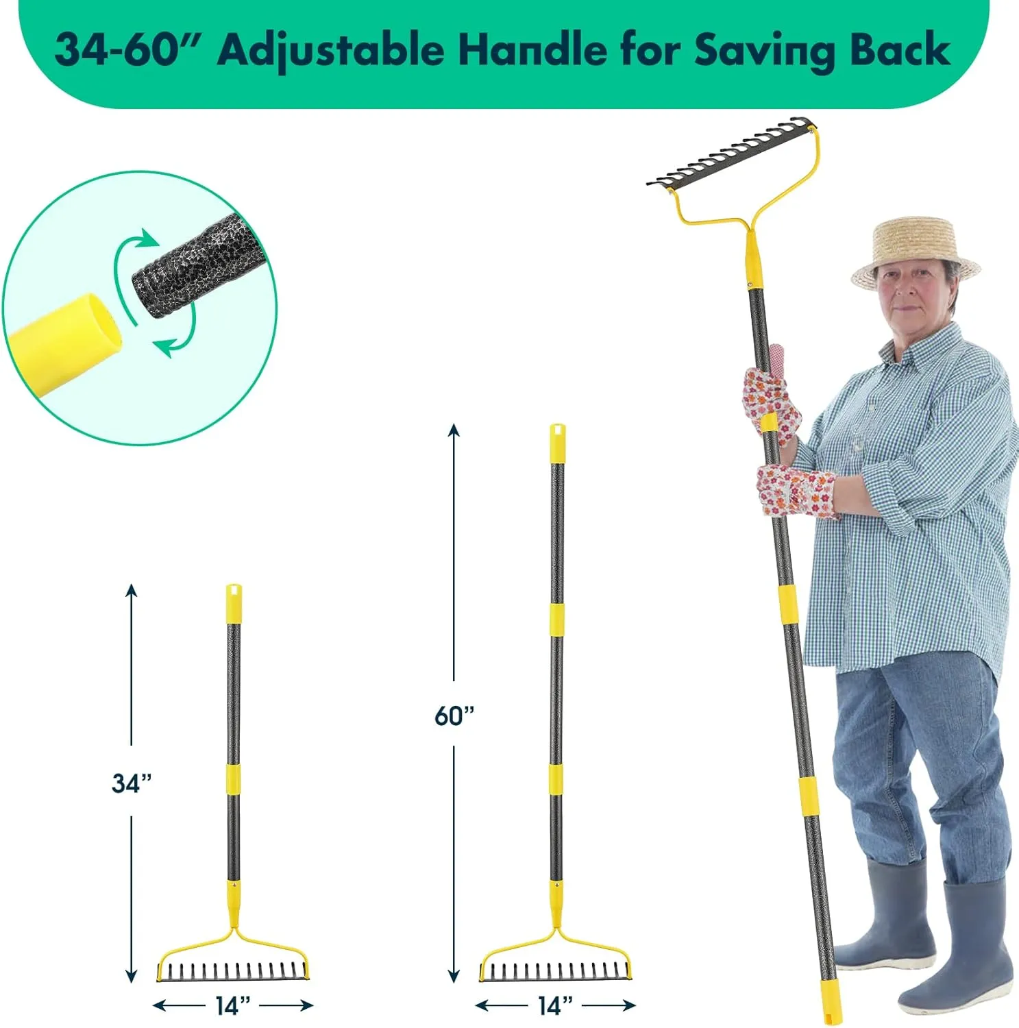 Garden Rake, 60 Inch Long 14 Inch Wide Heavy Duty 14 Tines Metal Bow Rake for Lawn,Hard Landscape Cultivator Garden Rakes with Adjustable Steel Handle for Loosening Soil Leveling Mulch Gathering Leaf