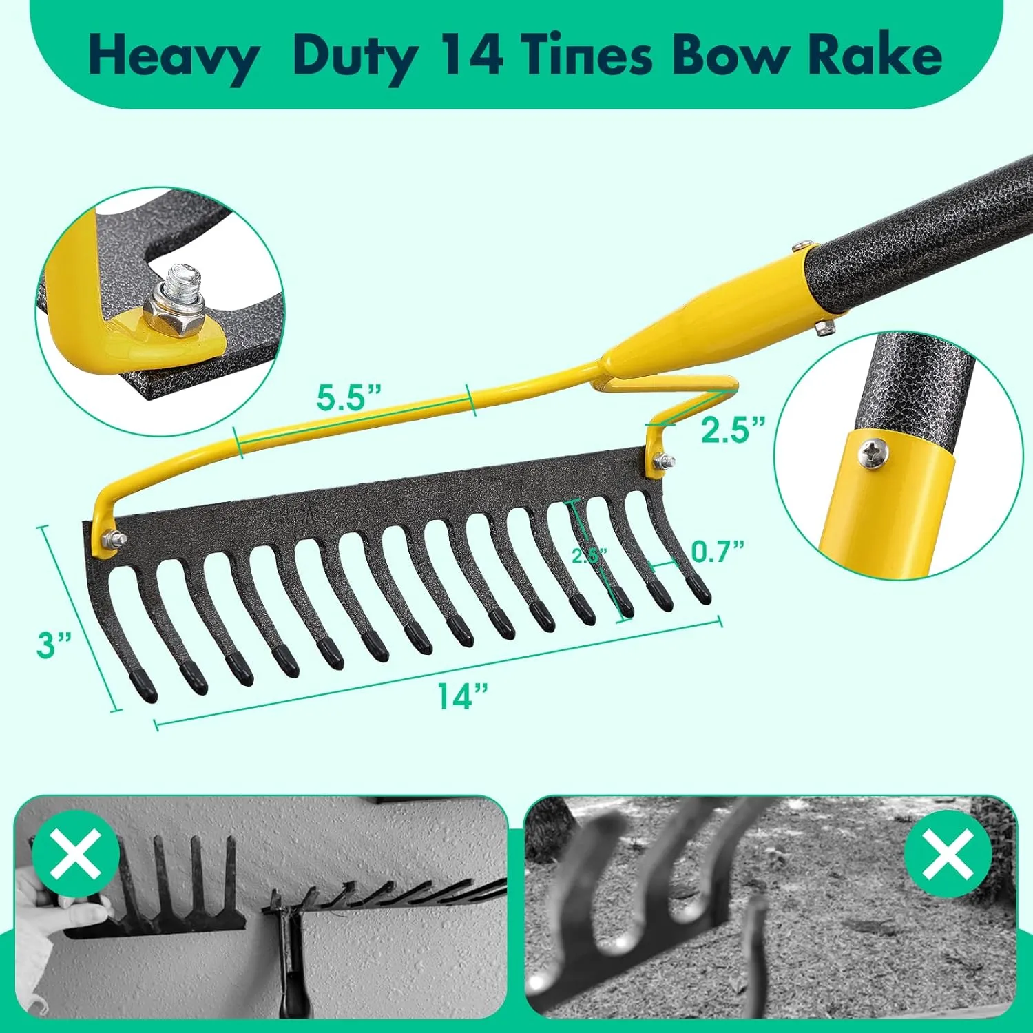 Garden Rake, 60 Inch Long 14 Inch Wide Heavy Duty 14 Tines Metal Bow Rake for Lawn,Hard Landscape Cultivator Garden Rakes with Adjustable Steel Handle for Loosening Soil Leveling Mulch Gathering Leaf