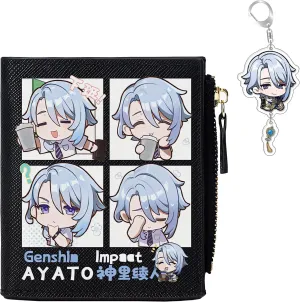 Genshin Impact Wallet for Unisex Kamisato Ayato Wallet Genshin Card Holder Black Purse Anime With Free Keychain