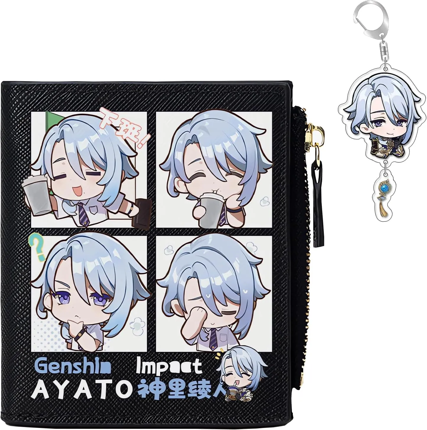 Genshin Impact Wallet for Unisex Kamisato Ayato Wallet Genshin Card Holder Black Purse Anime With Free Keychain