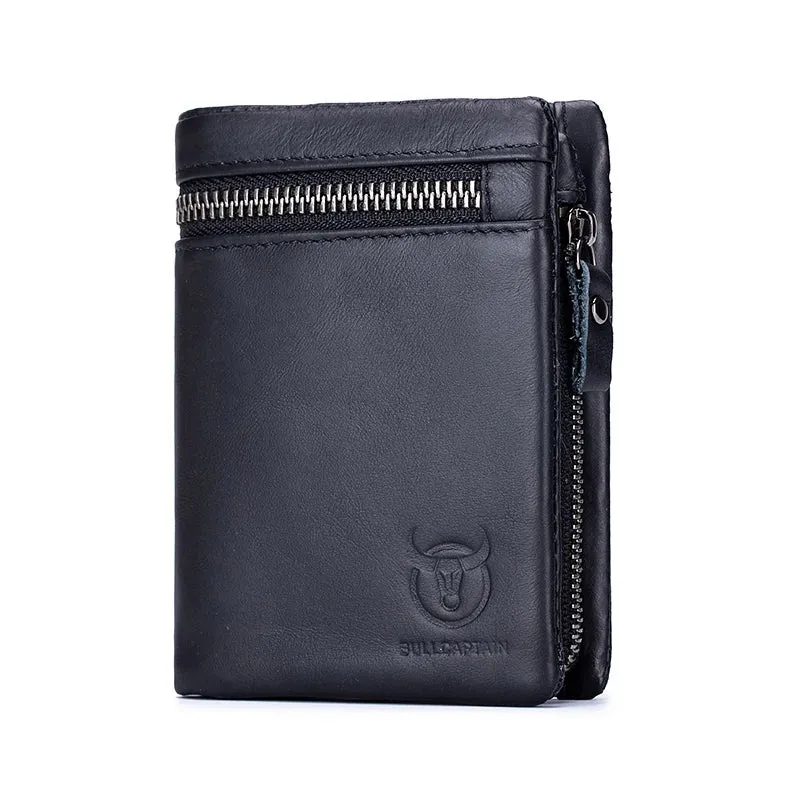 Genuine leather folding wallet with zipper