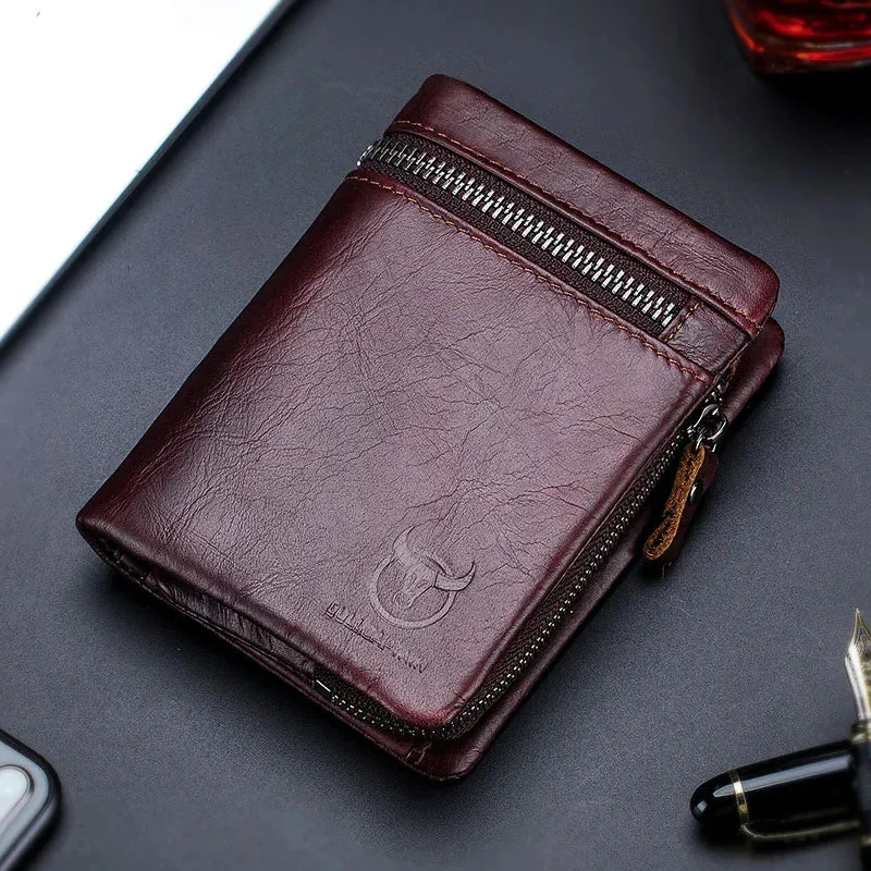 Genuine leather folding wallet with zipper