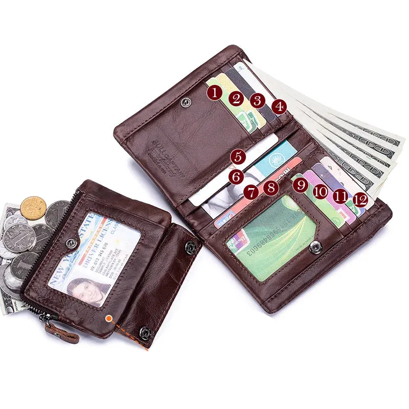 Genuine leather folding wallet with zipper