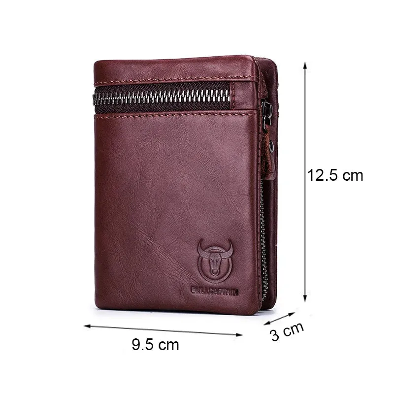 Genuine leather folding wallet with zipper