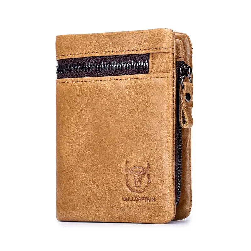 Genuine leather folding wallet with zipper