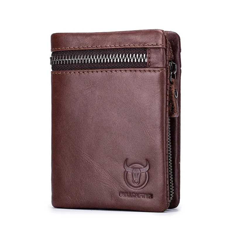 Genuine leather folding wallet with zipper