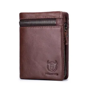 Genuine leather folding wallet with zipper