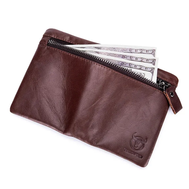 Genuine leather folding wallet with zipper