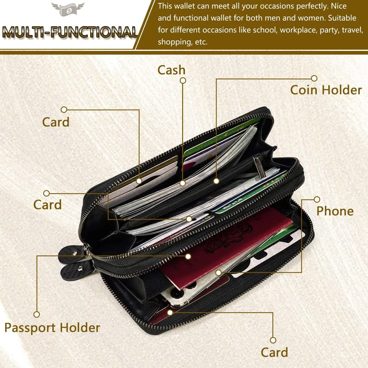Genuine Leather Long Wallet for Men, Large Capacity Purse Clutch Bag Handbag Checkbook Cash Credit Cards Phone Holder