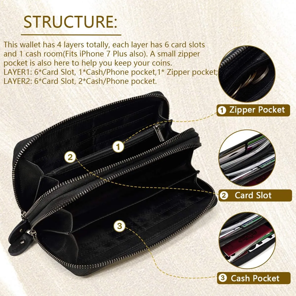 Genuine Leather Long Wallet for Men, Large Capacity Purse Clutch Bag Handbag Checkbook Cash Credit Cards Phone Holder