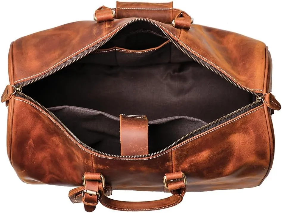 Genuine Leather Men Travel Bag Cowhide Luggage Bags Shoulder Bag Weekend Bag Overnight Gym Sports Carry On Duffel Bag (Brown-18")