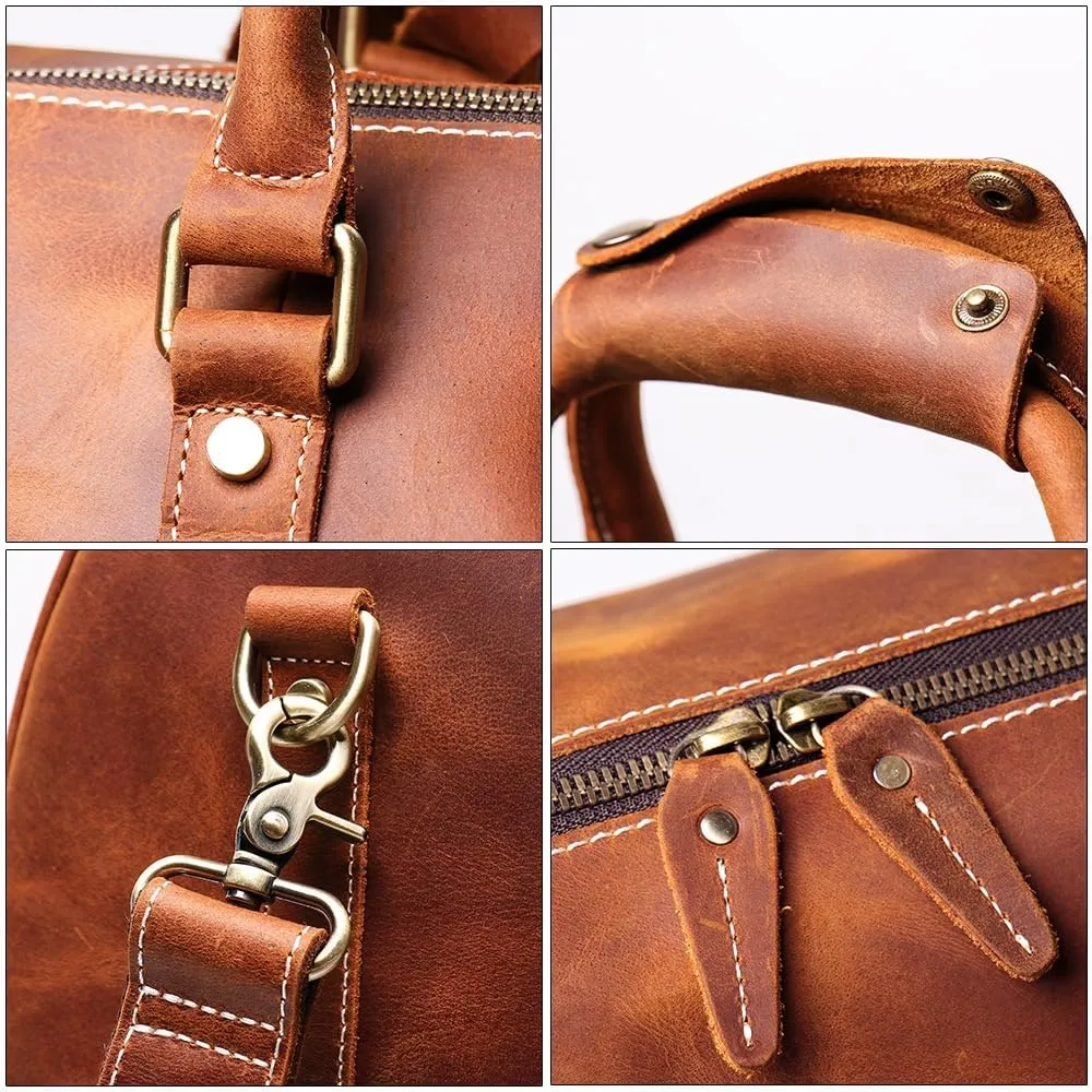 Genuine Leather Men Travel Bag Cowhide Luggage Bags Shoulder Bag Weekend Bag Overnight Gym Sports Carry On Duffel Bag (Brown-18")