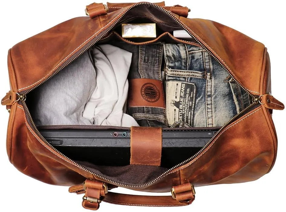 Genuine Leather Men Travel Bag Cowhide Luggage Bags Shoulder Bag Weekend Bag Overnight Gym Sports Carry On Duffel Bag (Brown-18")