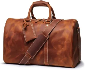 Genuine Leather Men Travel Bag Cowhide Luggage Bags Shoulder Bag Weekend Bag Overnight Gym Sports Carry On Duffel Bag (Brown-18")