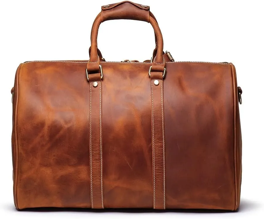 Genuine Leather Men Travel Bag Cowhide Luggage Bags Shoulder Bag Weekend Bag Overnight Gym Sports Carry On Duffel Bag (Brown-18")