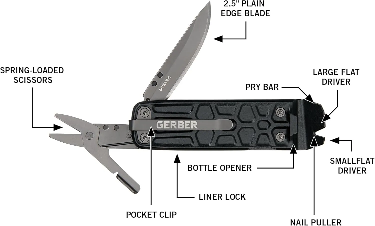 Gerber Gear Lockdown Slim Pry 7-in-1 Keychain Multitool Compact EDC Mini Pocket Knife with Pry Bar, Black