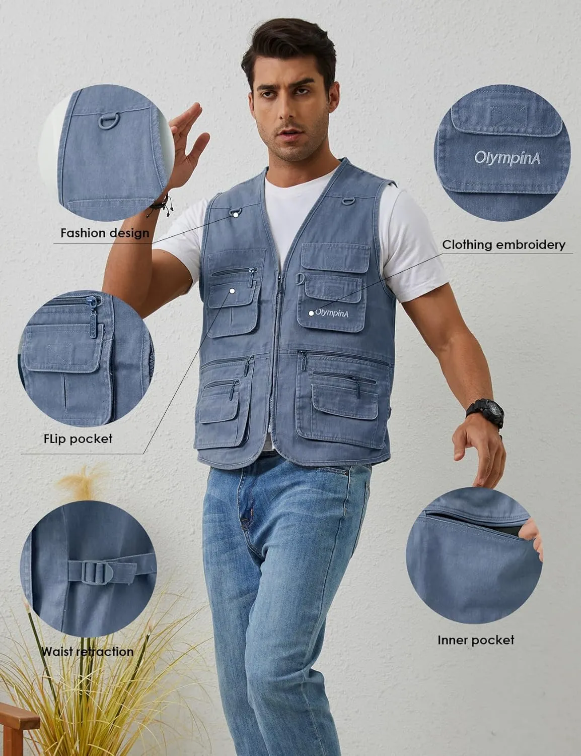 Gihuo Men's Fishing Vest Casual Utility Travel Safari Cargo Outdoor Work Photo Fly Vest Jacket with Multi Pockets