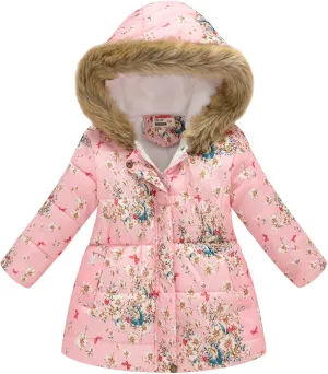 Girls Long Puffer Jacket with Faux Fur Hood Toddler Winter Coat Sherpa Lined Heavyweight Waterproof Parka Outwear
