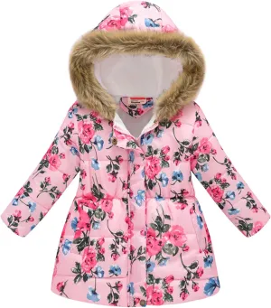 Girls Long Puffer Jacket with Faux Fur Hood Toddler Winter Coat Sherpa Lined Heavyweight Waterproof Parka Outwear