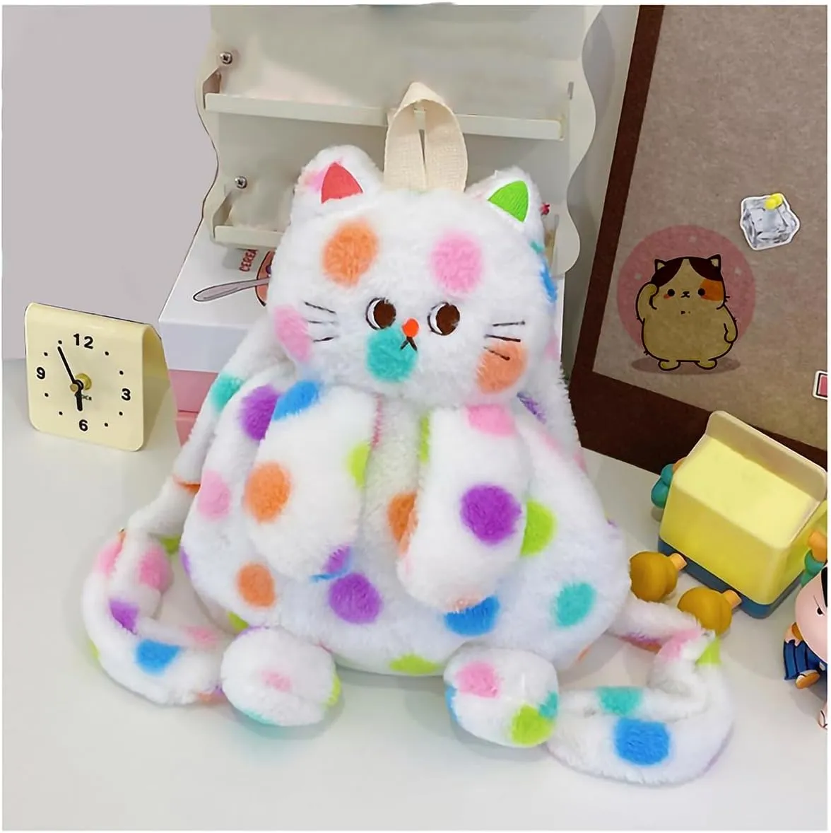 Girls White Cat Plush Backpack – Stuffed Animal Cat Bag with Adjustable Straps, Perfect for Birthday Travel & Gifts
