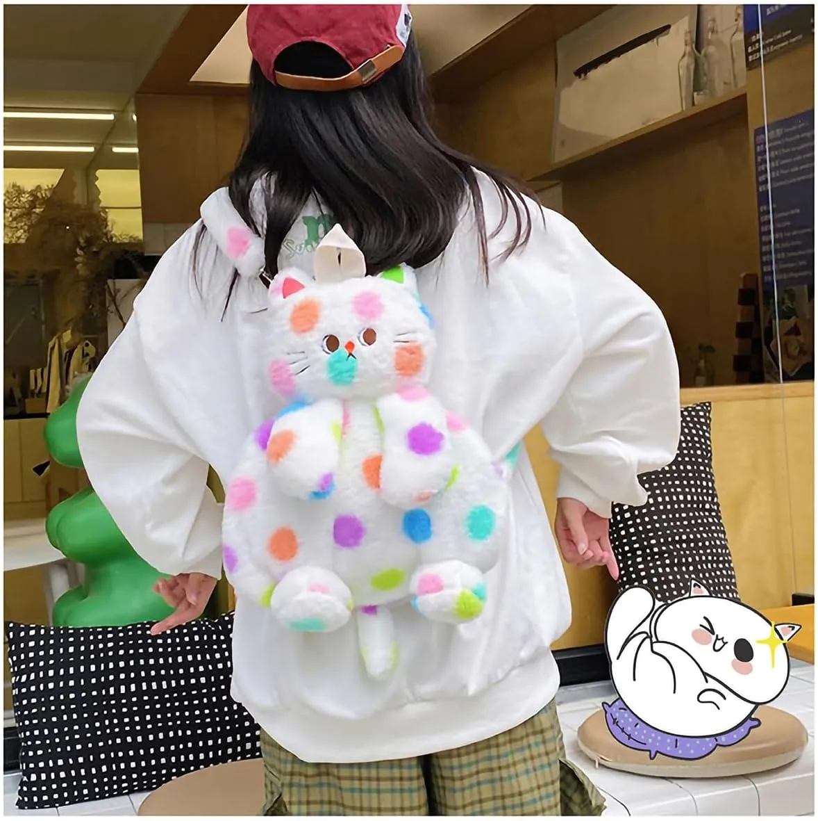 Girls White Cat Plush Backpack – Stuffed Animal Cat Bag with Adjustable Straps, Perfect for Birthday Travel & Gifts