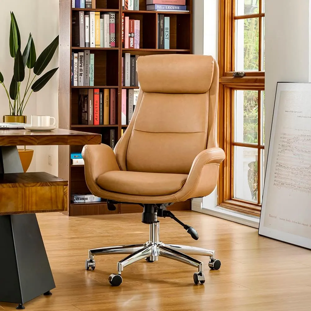 Glitzhome Adjustable High-Back Office Chair Executive Swivel Chair PU Leather Desk Chair, Camel