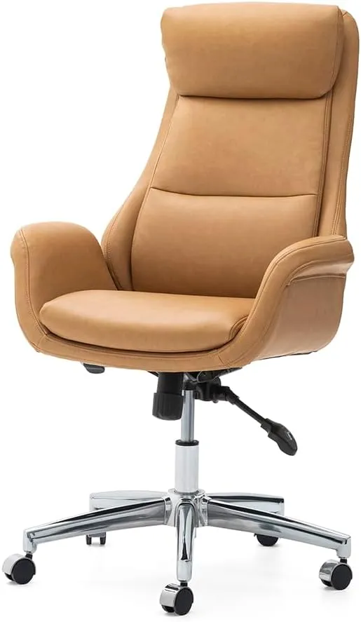 Glitzhome Adjustable High-Back Office Chair Executive Swivel Chair PU Leather Desk Chair, Camel