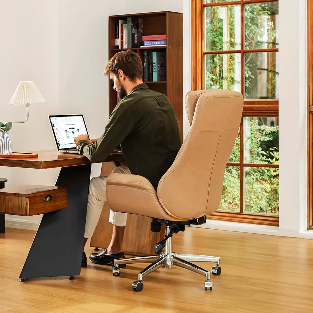 Glitzhome Adjustable High-Back Office Chair Executive Swivel Chair PU Leather Desk Chair, Camel