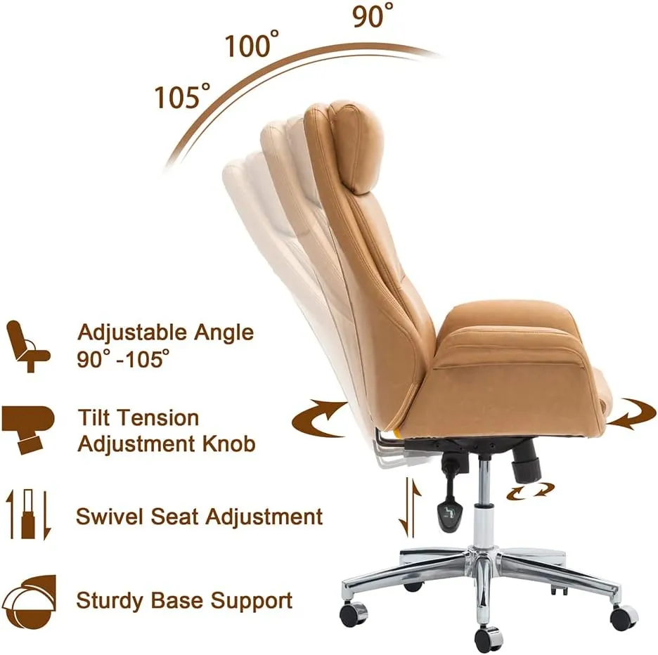 Glitzhome Adjustable High-Back Office Chair Executive Swivel Chair PU Leather Desk Chair, Camel