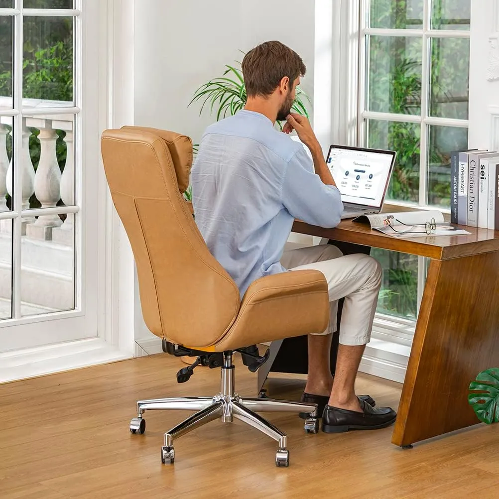 Glitzhome Adjustable High-Back Office Chair Executive Swivel Chair PU Leather Desk Chair, Camel