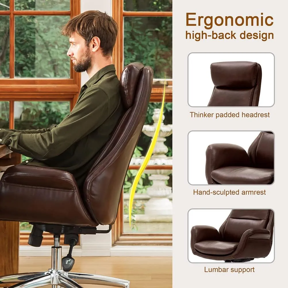 Glitzhome PU Leather Adjustable High-Back Office Chair Home Executive Armrest Swivel Chair, Brown