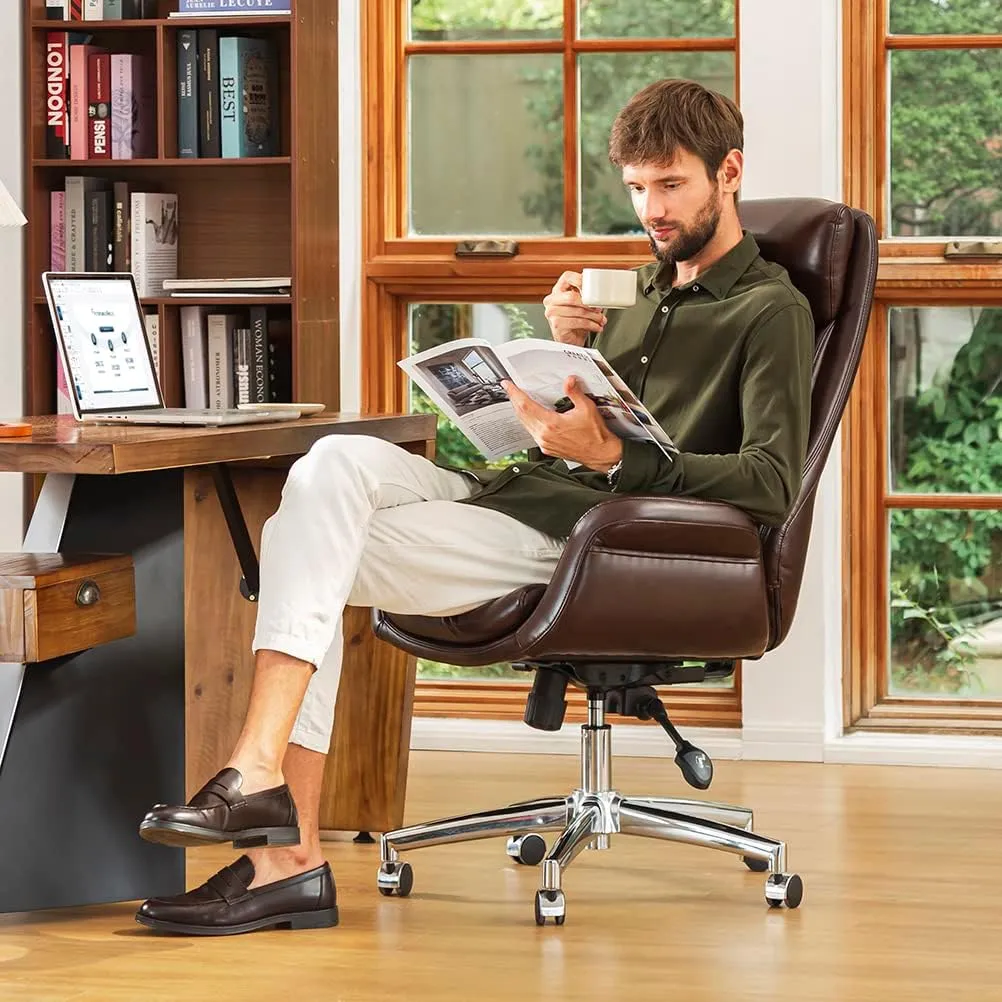 Glitzhome PU Leather Adjustable High-Back Office Chair Home Executive Armrest Swivel Chair, Brown