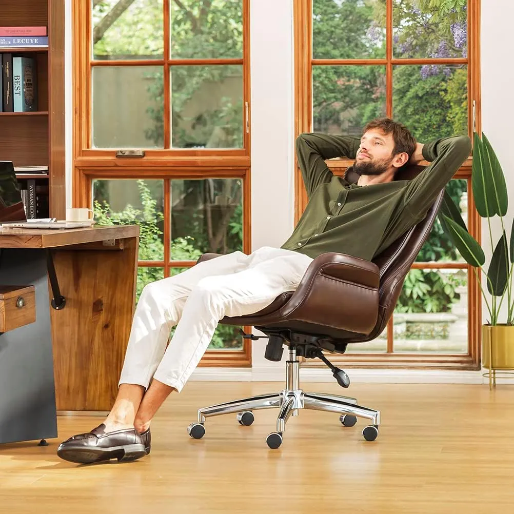 Glitzhome PU Leather Adjustable High-Back Office Chair Home Executive Armrest Swivel Chair, Brown