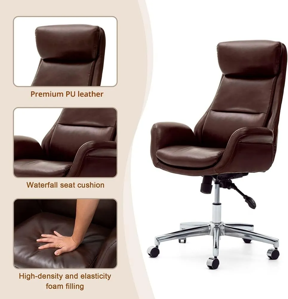Glitzhome PU Leather Adjustable High-Back Office Chair Home Executive Armrest Swivel Chair, Brown