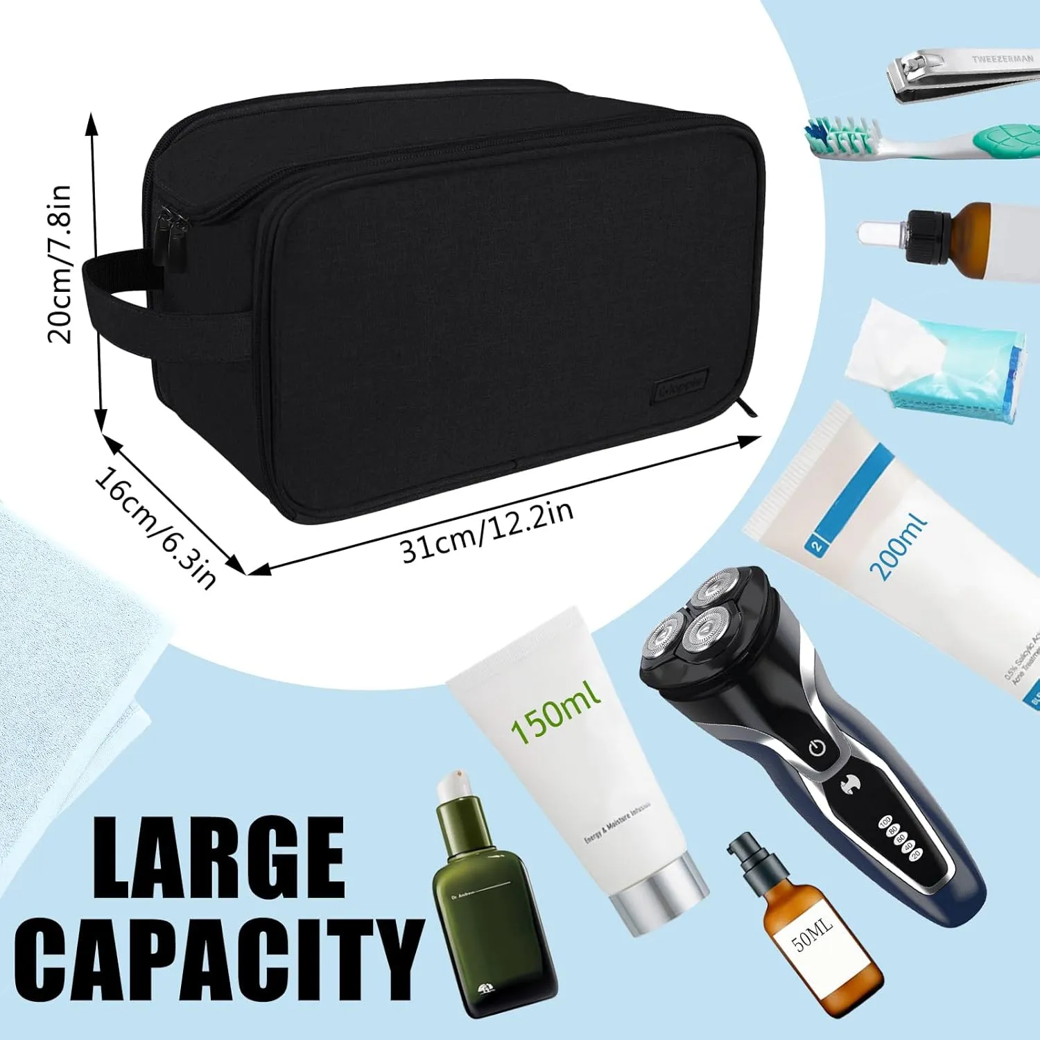 Gloppie Travel Toiletry Bag with Trolley Sleeve, Large Capacity Toiletry Organizer Waterproof Shaving Dopp Kit, Train Case for Travel Essentials and Makeup (Black)