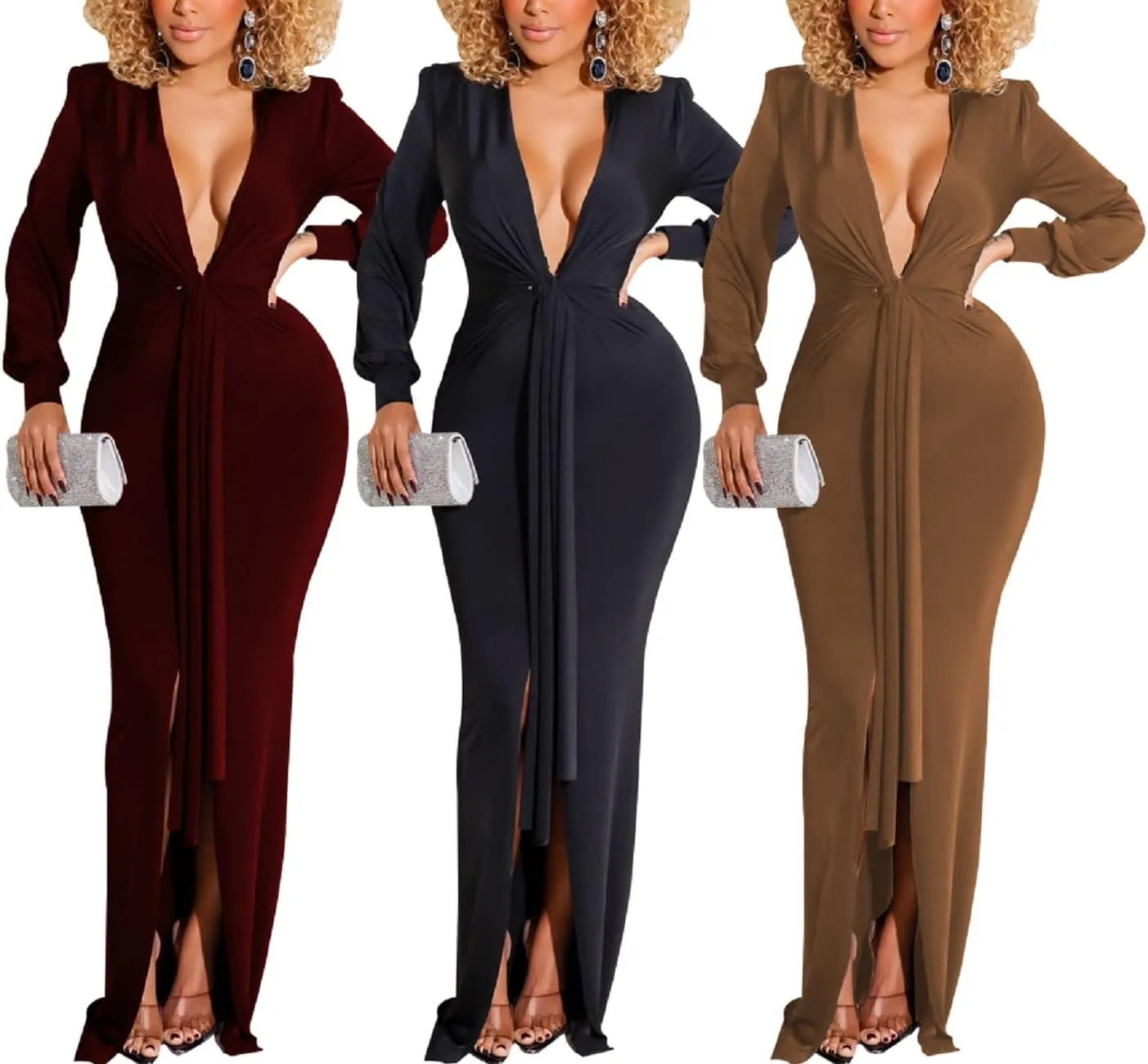 Glozeplus Evening Gowns for Women Formal Plus Size Long Sleeve Sexy Elegant V Neck Cocktail Party Long Floor Length Dresses