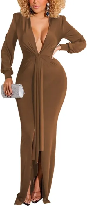 Glozeplus Evening Gowns for Women Formal Plus Size Long Sleeve Sexy Elegant V Neck Cocktail Party Long Floor Length Dresses