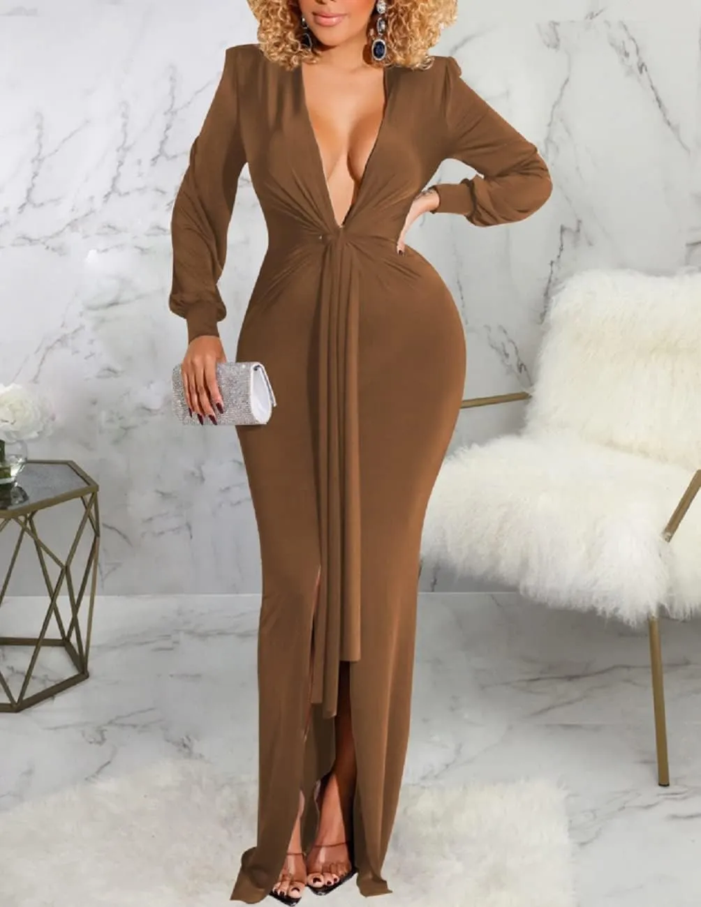 Glozeplus Evening Gowns for Women Formal Plus Size Long Sleeve Sexy Elegant V Neck Cocktail Party Long Floor Length Dresses