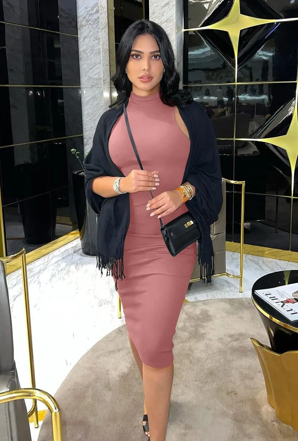 GOBLES Women's Sexy Halter High Neck Elegant Sleeveless Bodycon Midi Club Dress