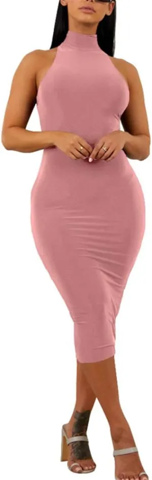 GOBLES Women's Sexy Halter High Neck Elegant Sleeveless Bodycon Midi Club Dress