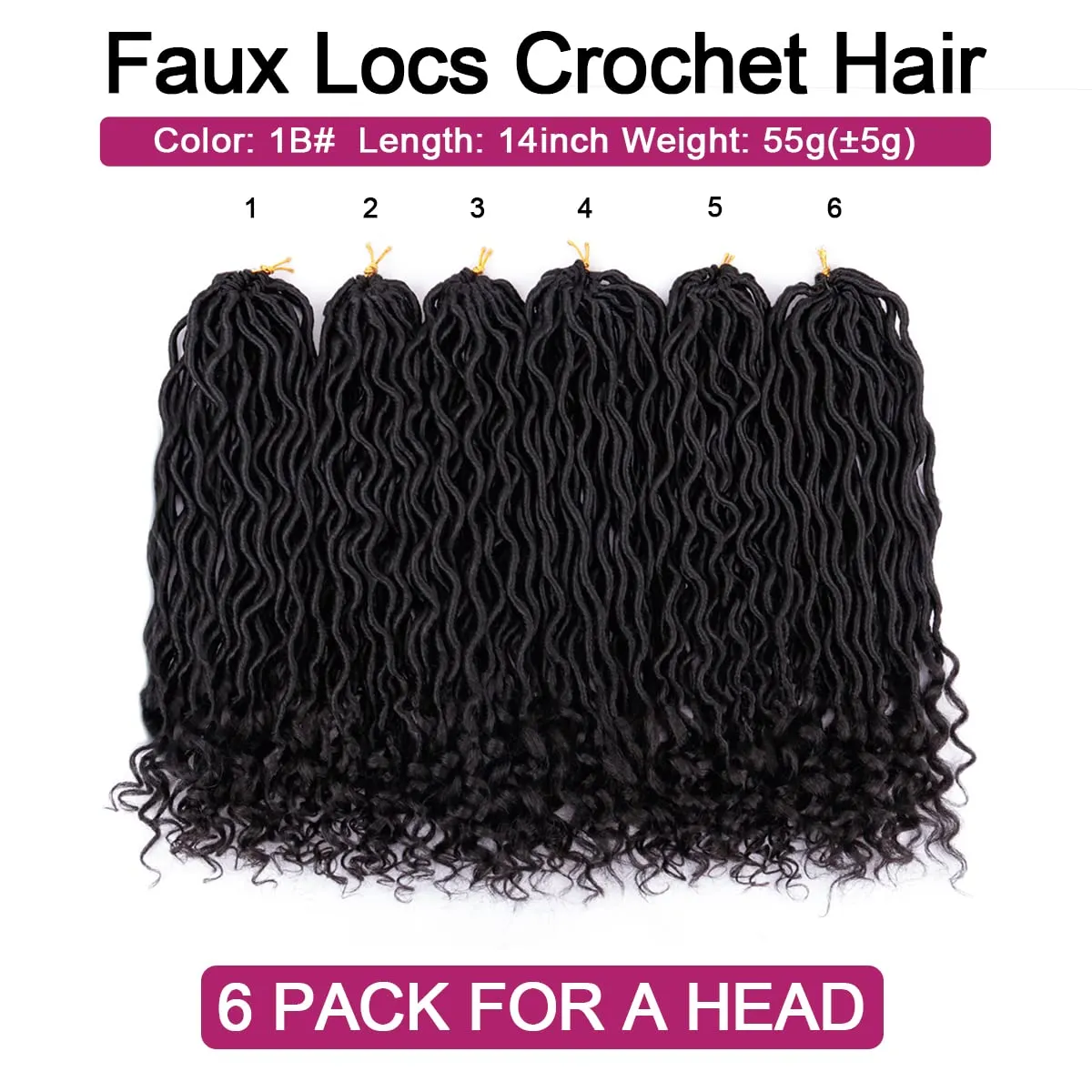 Goddess Locs Crochet Hair - 6 Packs 14 Inch Curly Faux Locs Crochet Hair For Black Women, Pre Looped Crochet Hair Wavy Faux Locs Synthetic Braids Hair Extensions(14Inch, 1B#)