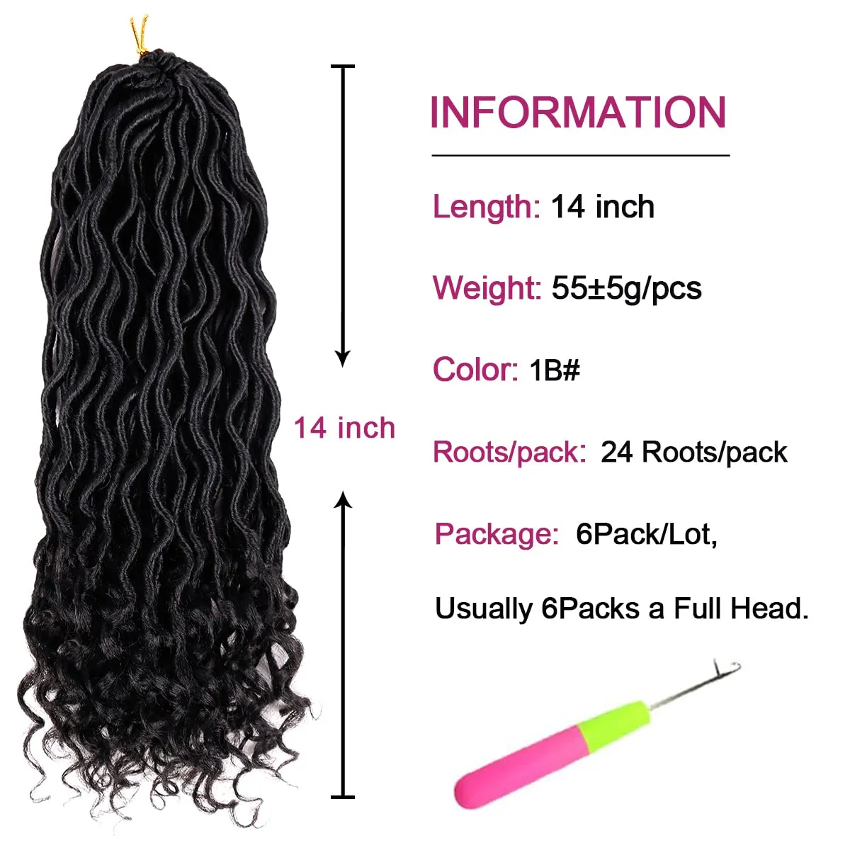 Goddess Locs Crochet Hair - 6 Packs 14 Inch Curly Faux Locs Crochet Hair For Black Women, Pre Looped Crochet Hair Wavy Faux Locs Synthetic Braids Hair Extensions(14Inch, 1B#)