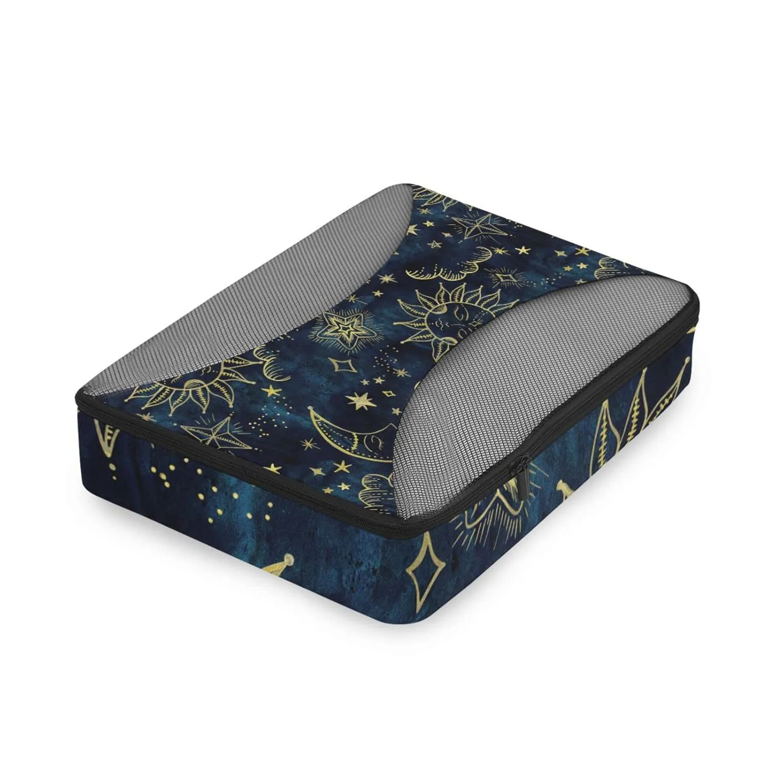 Gold Sun Moon Golden Soleil Cosmos Astrology on Dark Blue Pattern 4 Set Packing Cubes, Travel Packing Organizers, 600D Oxford Cloth Toiletry Storage Bag, Luggage Mesh Bags for Accessories