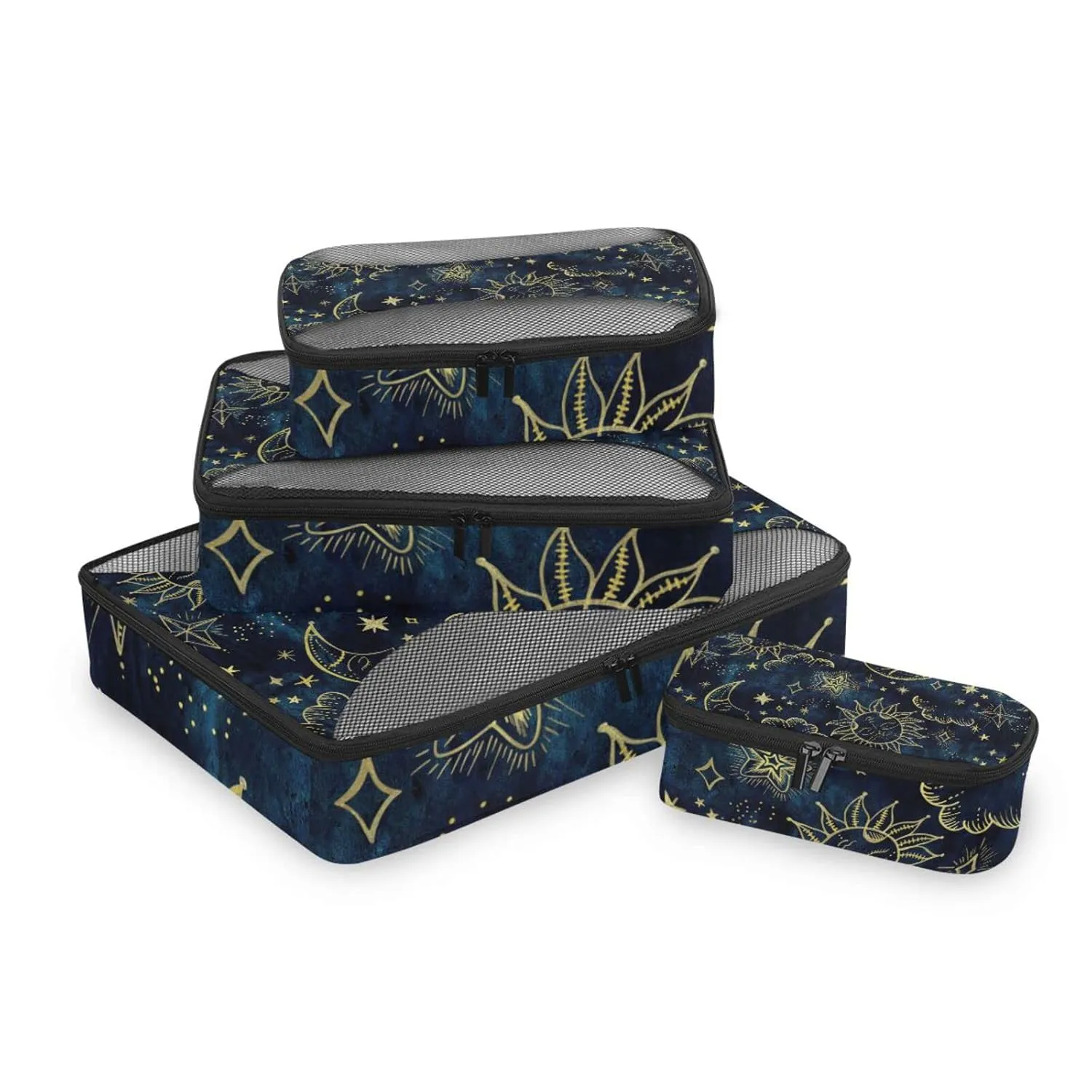 Gold Sun Moon Golden Soleil Cosmos Astrology on Dark Blue Pattern 4 Set Packing Cubes, Travel Packing Organizers, 600D Oxford Cloth Toiletry Storage Bag, Luggage Mesh Bags for Accessories