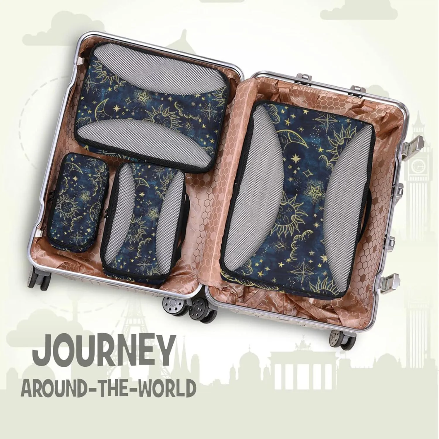 Gold Sun Moon Golden Soleil Cosmos Astrology on Dark Blue Pattern 4 Set Packing Cubes, Travel Packing Organizers, 600D Oxford Cloth Toiletry Storage Bag, Luggage Mesh Bags for Accessories