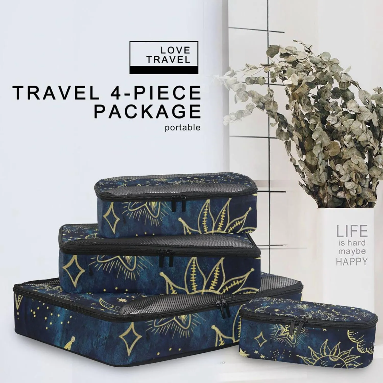 Gold Sun Moon Golden Soleil Cosmos Astrology on Dark Blue Pattern 4 Set Packing Cubes, Travel Packing Organizers, 600D Oxford Cloth Toiletry Storage Bag, Luggage Mesh Bags for Accessories