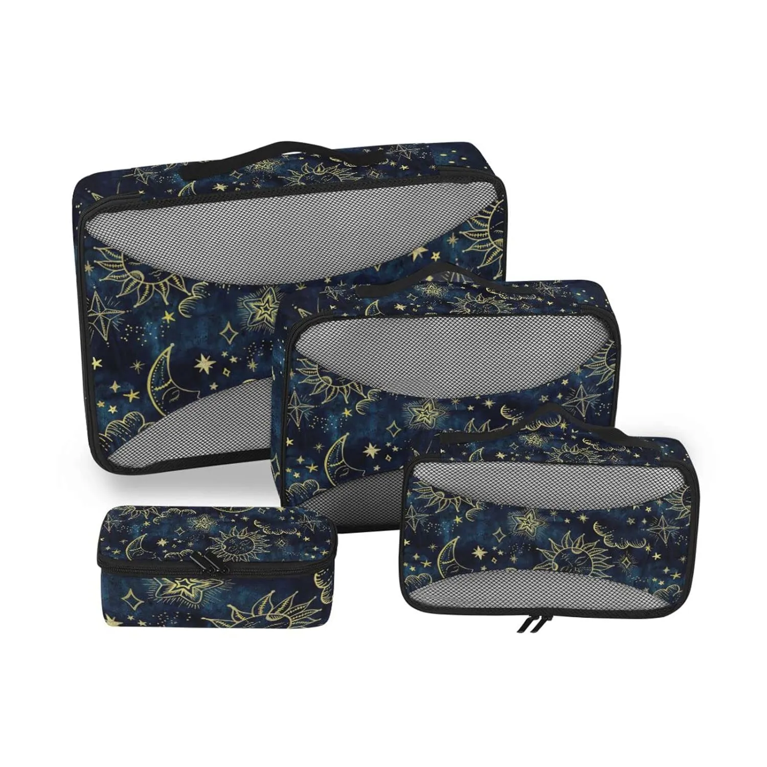 Gold Sun Moon Golden Soleil Cosmos Astrology on Dark Blue Pattern 4 Set Packing Cubes, Travel Packing Organizers, 600D Oxford Cloth Toiletry Storage Bag, Luggage Mesh Bags for Accessories
