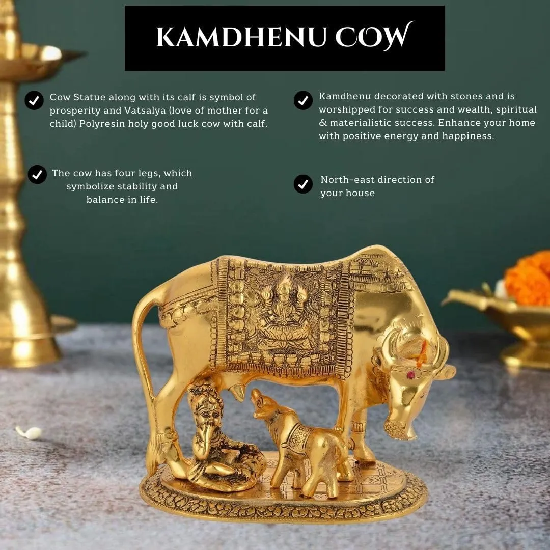 Golden Kamdhenu Cow with Laddu Gopal Statue Oxidized Finish with Luxury Velvet Box Packing and Beautiful Carry Bag Showpiece for Home Decor (Free Diya Set of 2 pics)