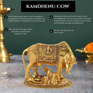 Golden Kamdhenu Cow with Laddu Gopal Statue Oxidized Finish with Luxury Velvet Box Packing and Beautiful Carry Bag Showpiece for Home Decor (Free Diya Set of 2 pics)